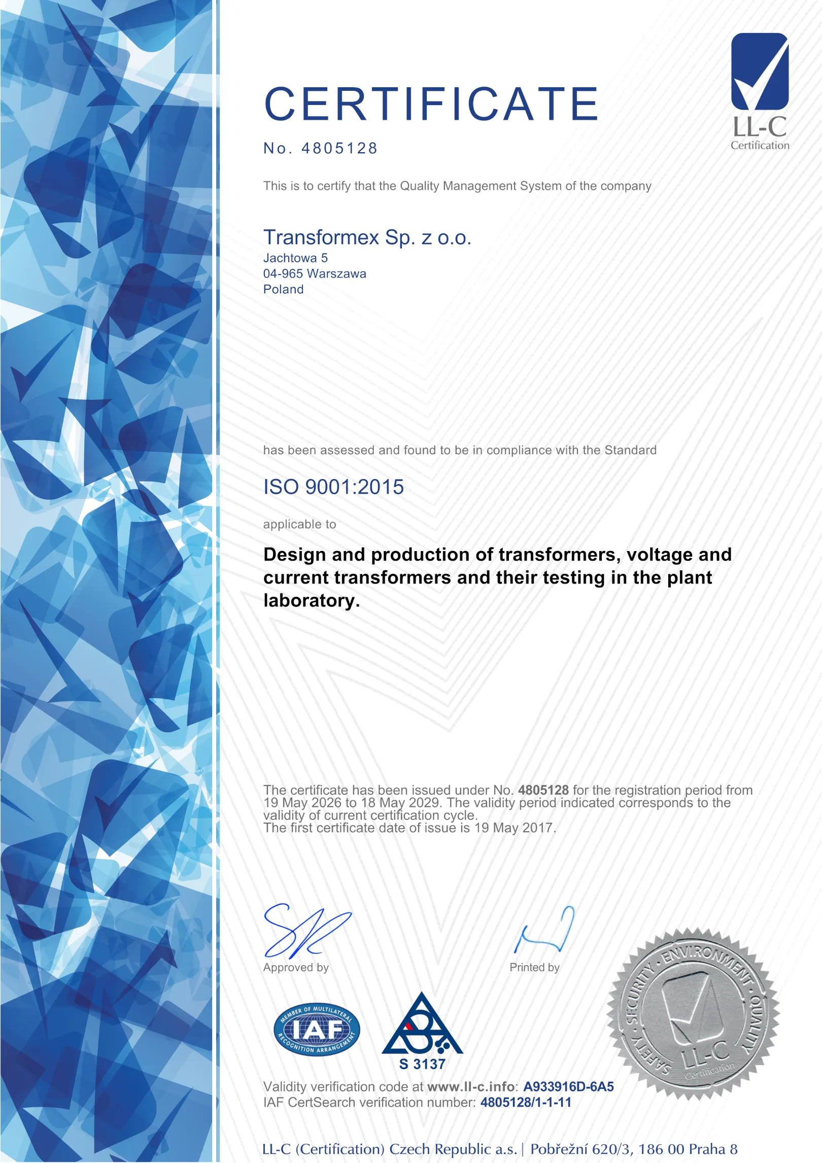 Certificate no. 4805128